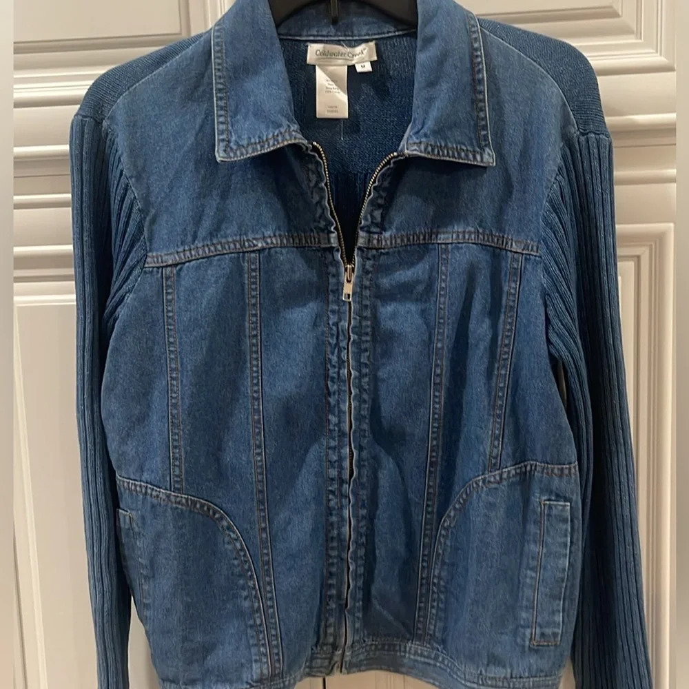 Vintage Coldwater creek jean jacket sweater zip Jeans blue Denim knit back sz M - Picture 3 of 13